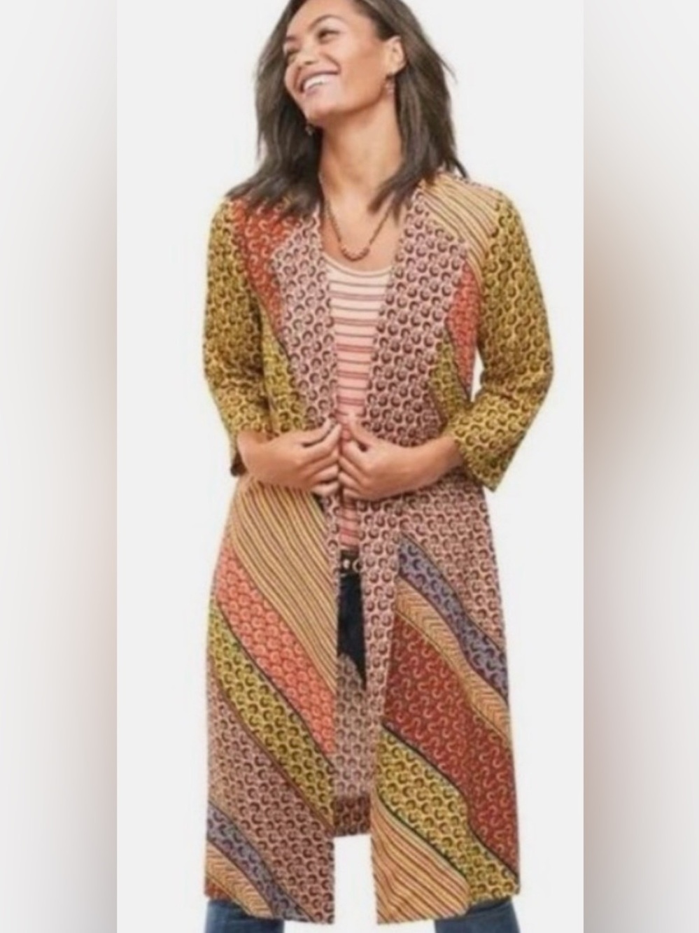 Cabi Poet Jacket Wrap Dress Bohemian Patchwork Maxi Duster Pink, Mustard & Olive